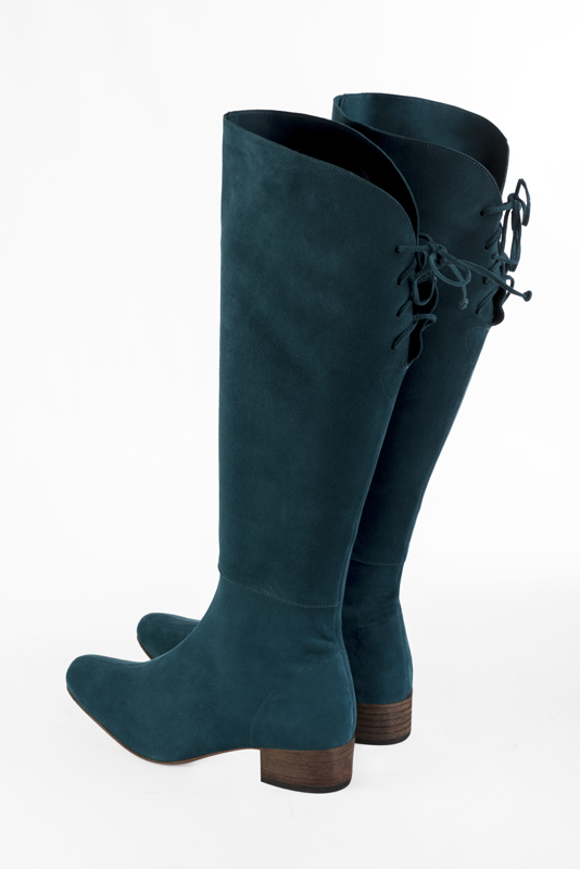 Peacock blue women's knee-high boots, with laces at the back. Square toe. Low leather soles. Made to measure. Rear view - Florence KOOIJMAN